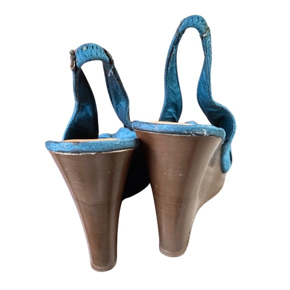 American Eagle Wedge Heels Blue Aqua Turquoise Open Peep Toe Retro Suede Size 11 - Picture 3 of 7